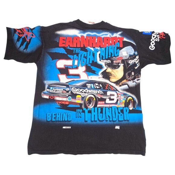 Dale Earnhardt Vtg 90s All Over Print NASCAR Racing XL T-Shirt Man Made Thunder - Picture 2 of 16